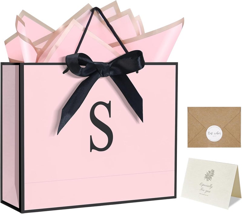 QLSKO Personalized Initial Paper Bag for Women Grils,Monogrammed Gift Bag with Bow Ribbon,Wrapping Tissue and Card Matching Envelope Sticker (Pink, S-Medium) - Image 1